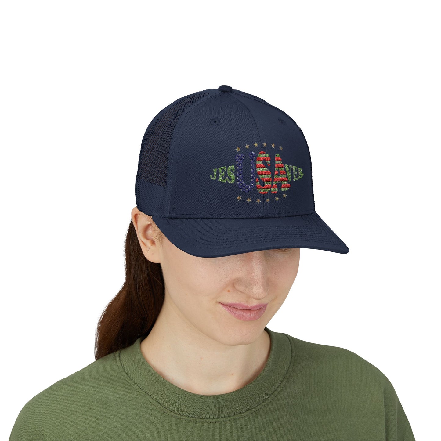 JesUSAves Patriotic Snapback Trucker Cap American Flag Christian Faith