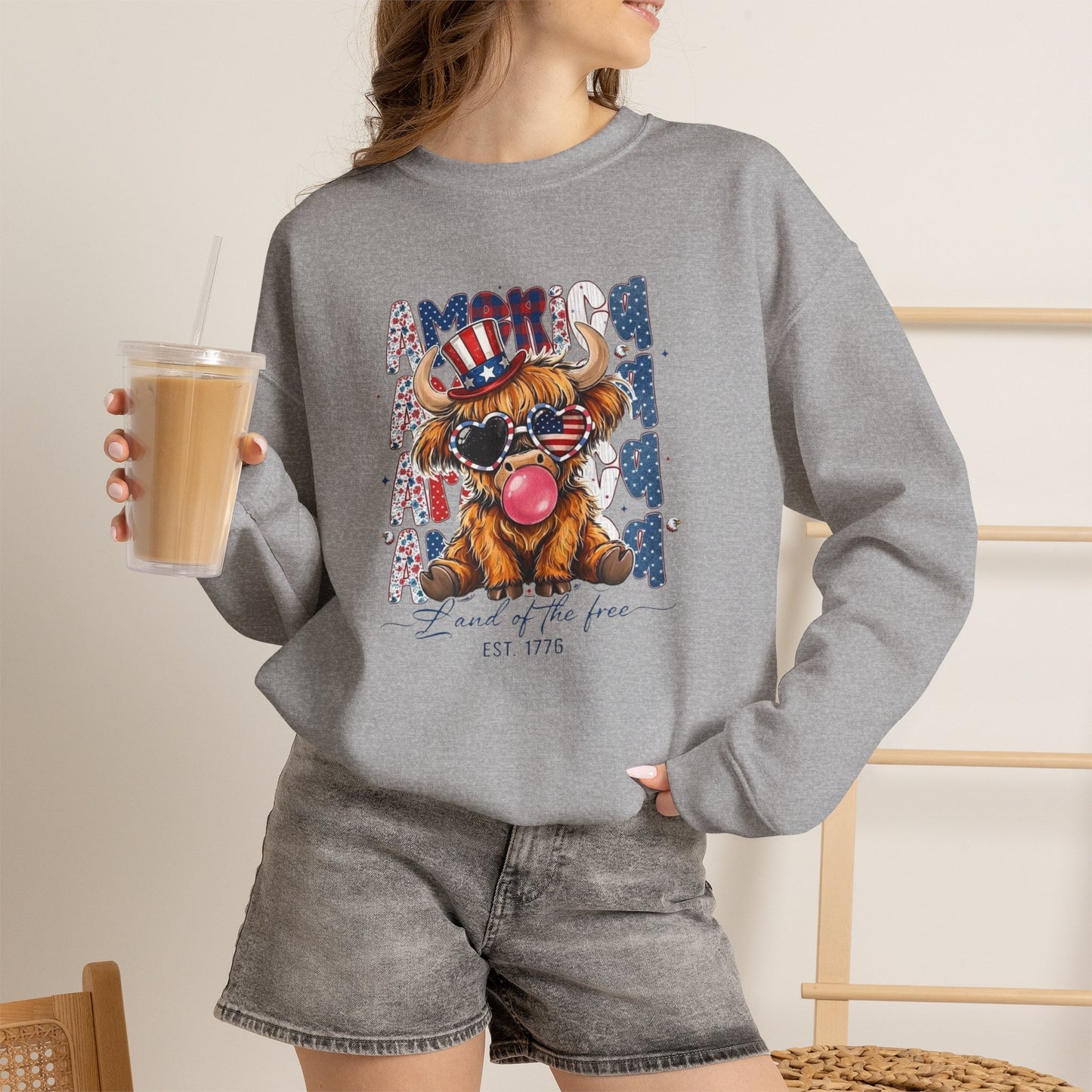 #250 American Flag Bubblegum Patriotic Highland Cow Sweatshirt