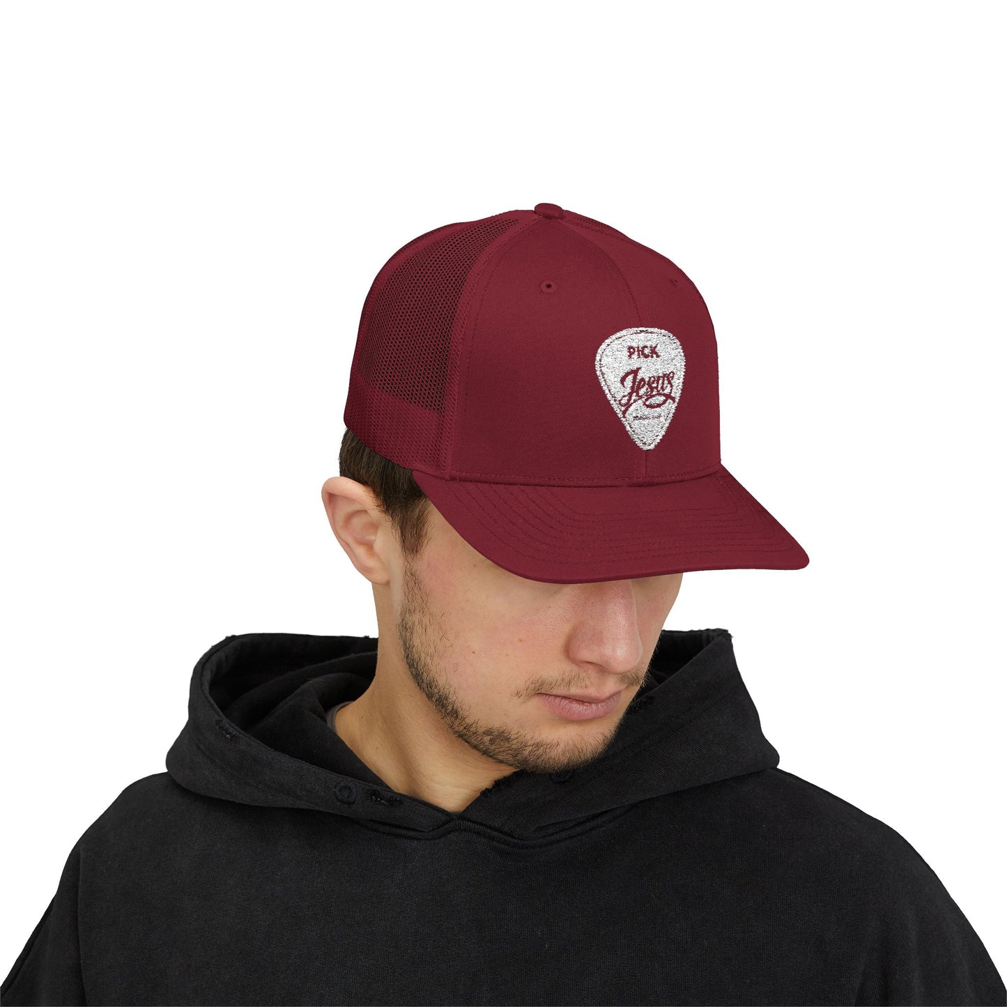 Pick Jesus Guitar Pick Snapback Trucker Cap Christian Guitar Pick Design (Romans 10:13)