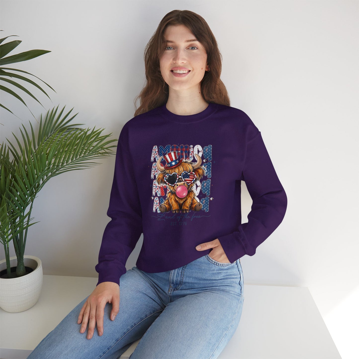 #250 American Flag Bubblegum Patriotic Highland Cow Sweatshirt