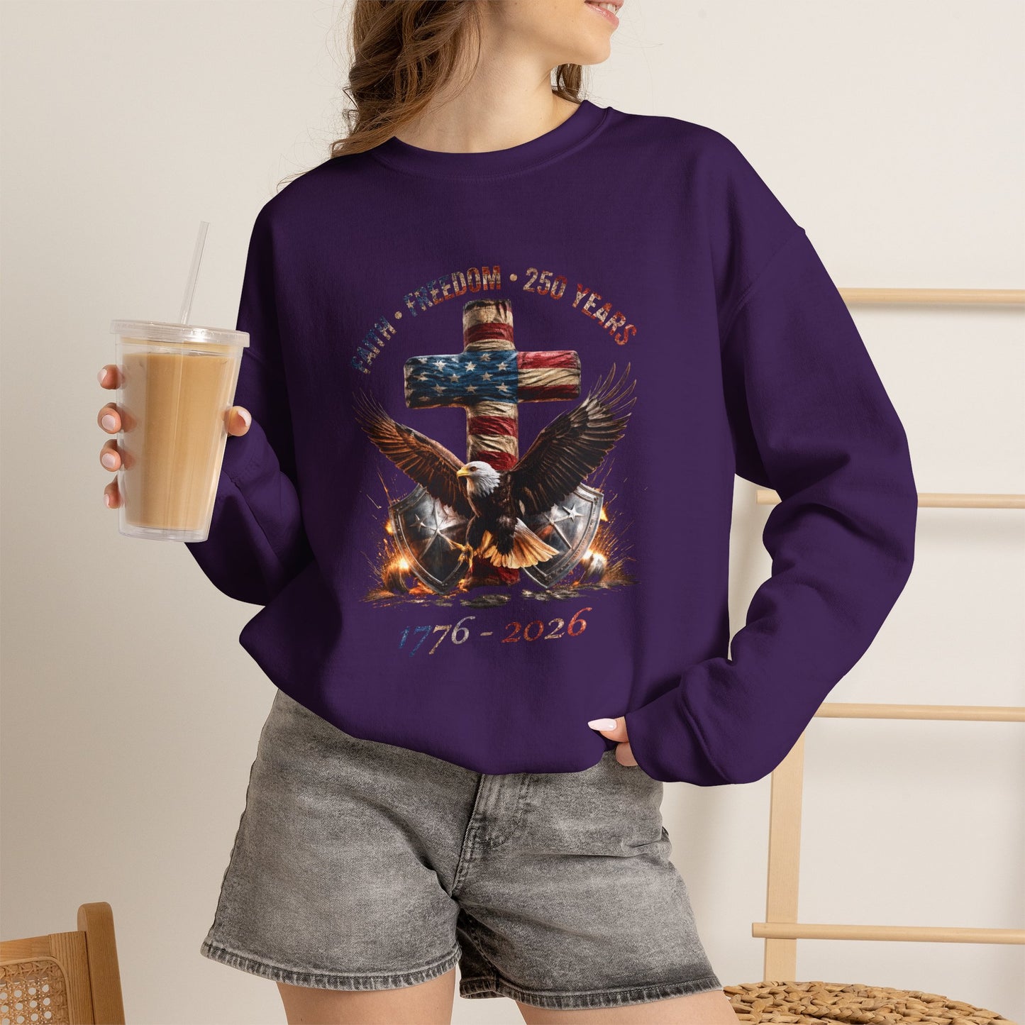 #250 Faith • Freedom 250 Years American Flag Cross & Eagle 1776-2026 Crewneck Sweatshirt