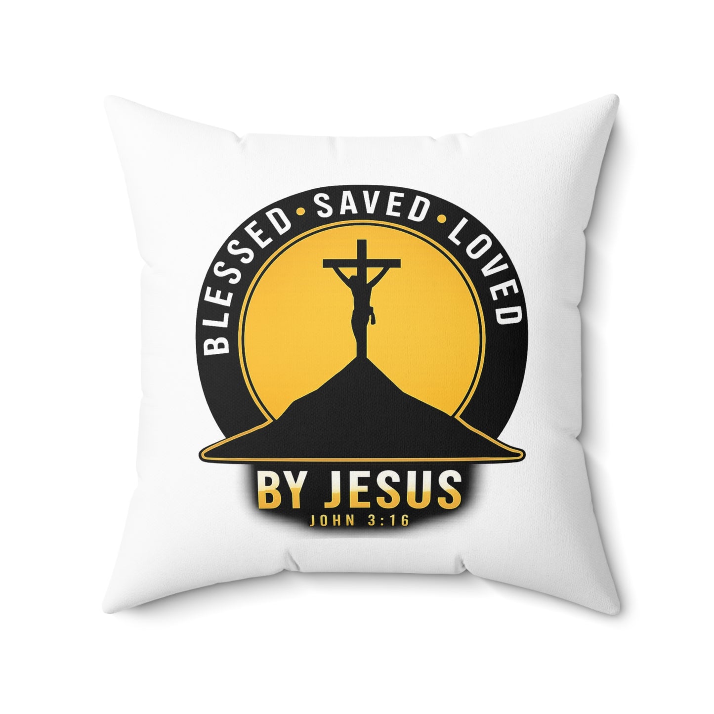 Blessed • Saved • Loved by Jesus Square Pillow — Christian Faith Decor (John 3:16)
