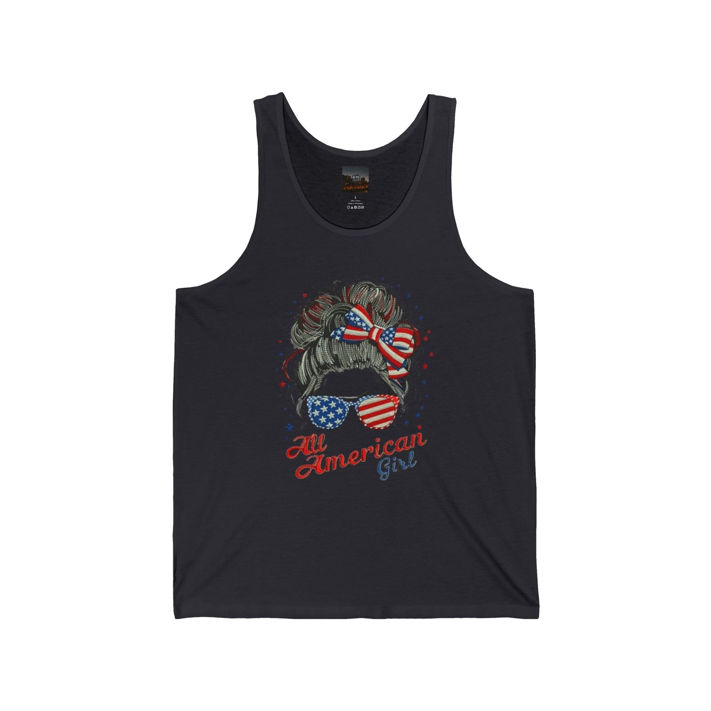 #250 "All American Girl" Patriotic Messy Bun Tank Top