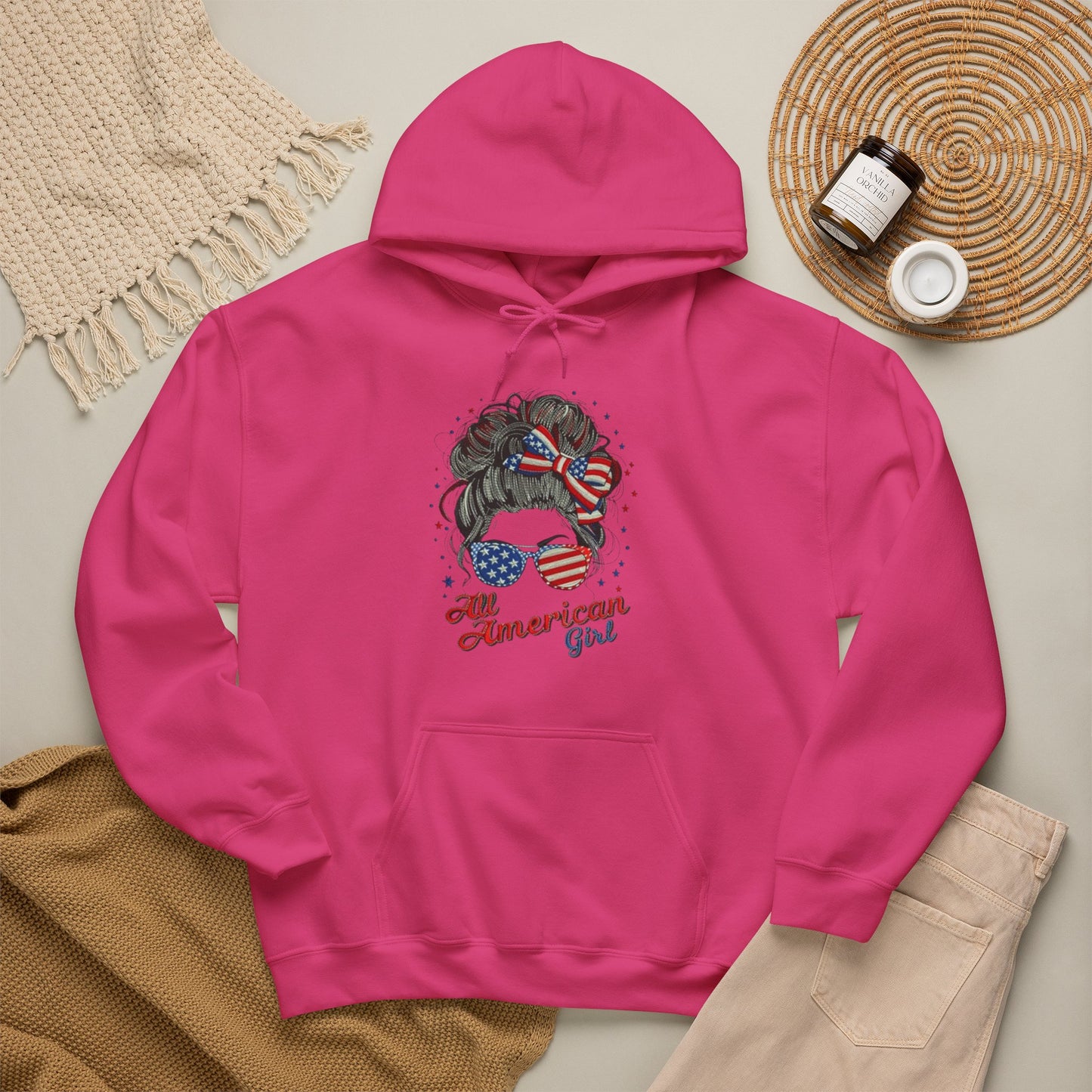 #250 "All American Girl" Patriotic Messy Bun Hoodie