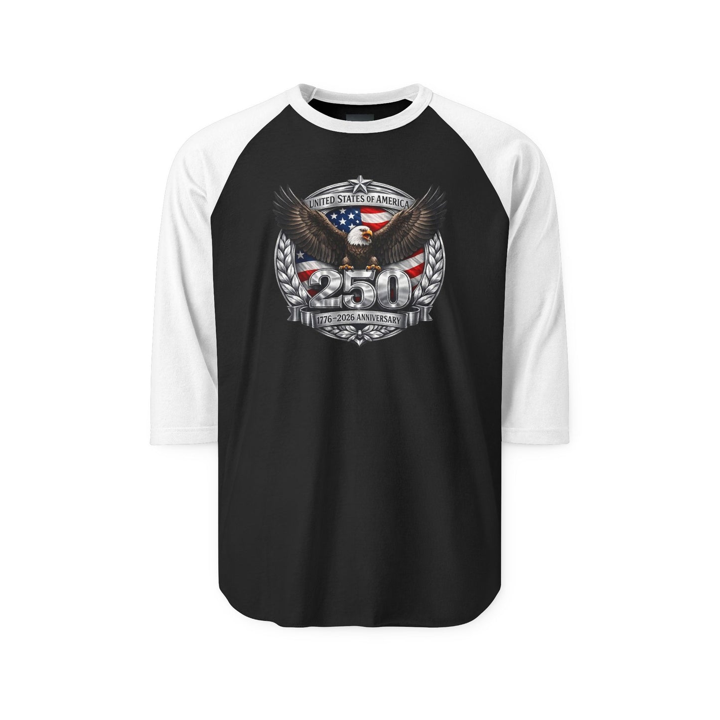 #250 Patriotic Bald Eagle 250 United States Emblem Raglan Shirt Baseball Tee