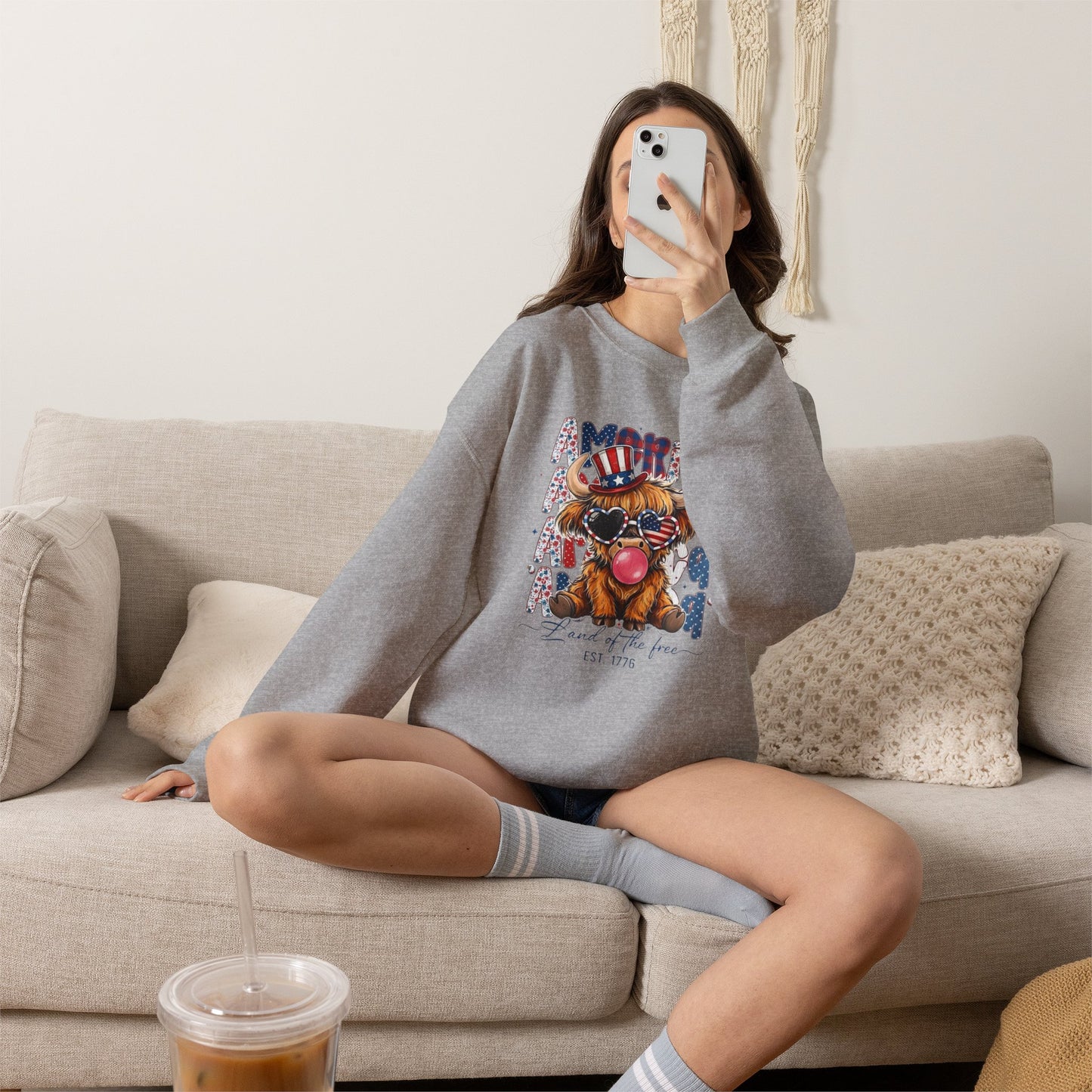 #250 American Flag Bubblegum Patriotic Highland Cow Sweatshirt