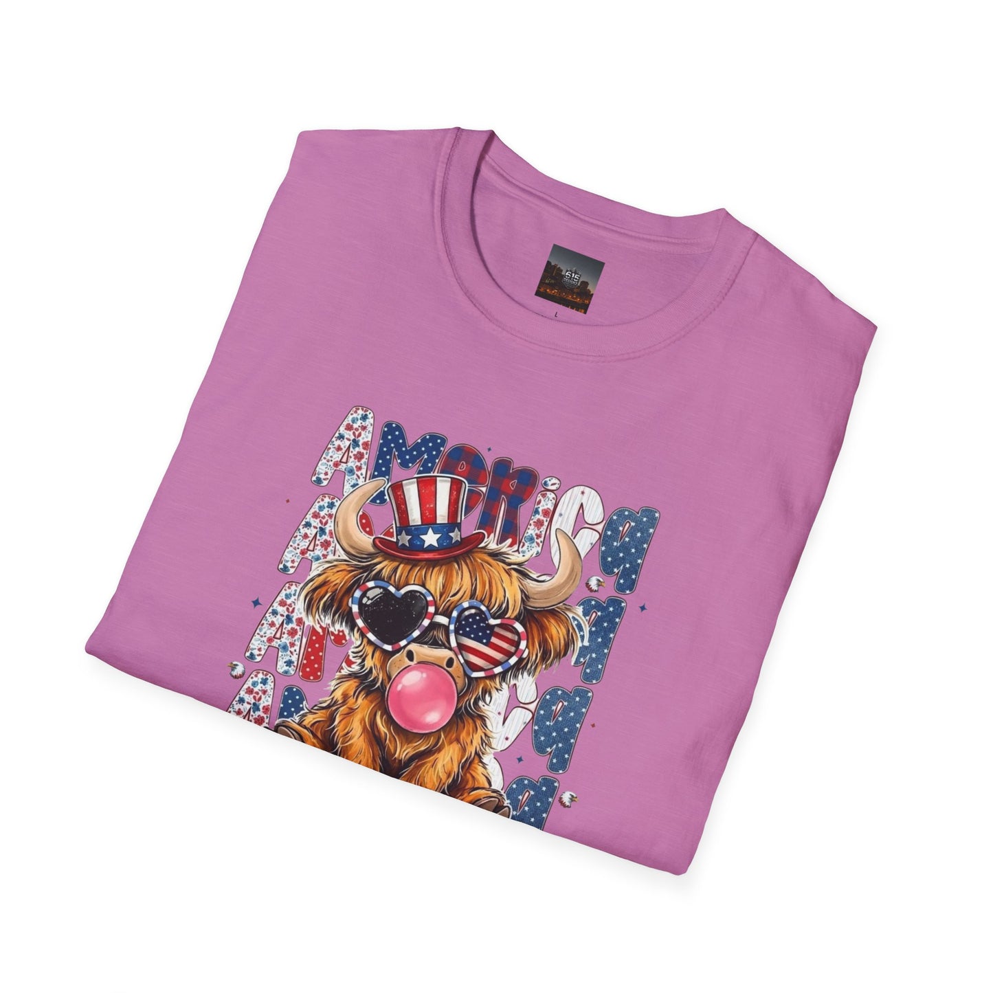 #250 American Flag Bubblegum Patriotic Highland Cow T-Shirt