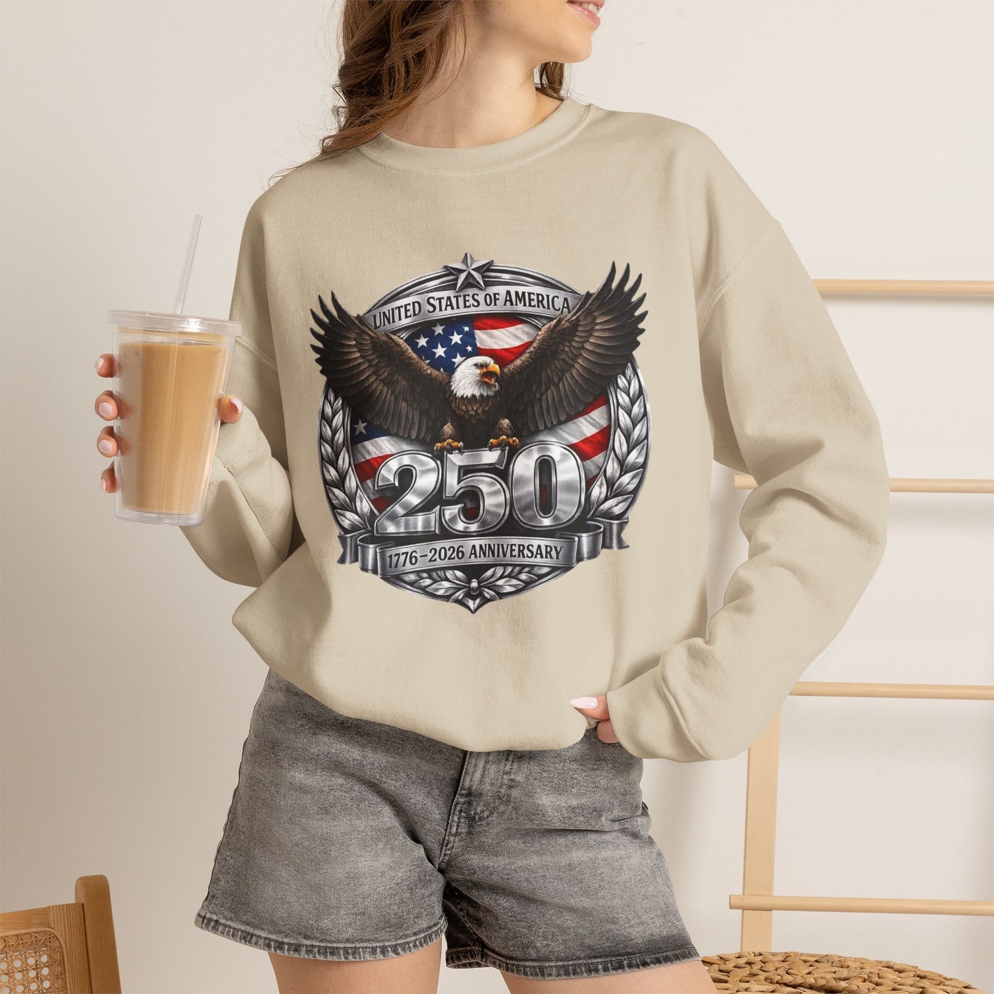 #250 Patriotic Bald Eagle 250 United States Emblem Crewneck Sweatshirt