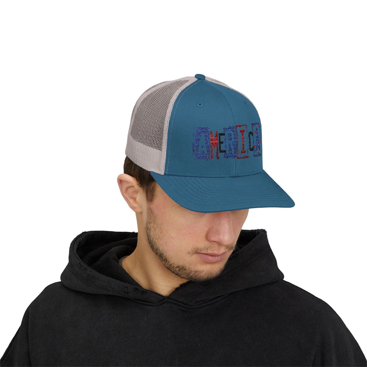 #250 America Retro Block Text Patriotic Snapback Trucker Cap