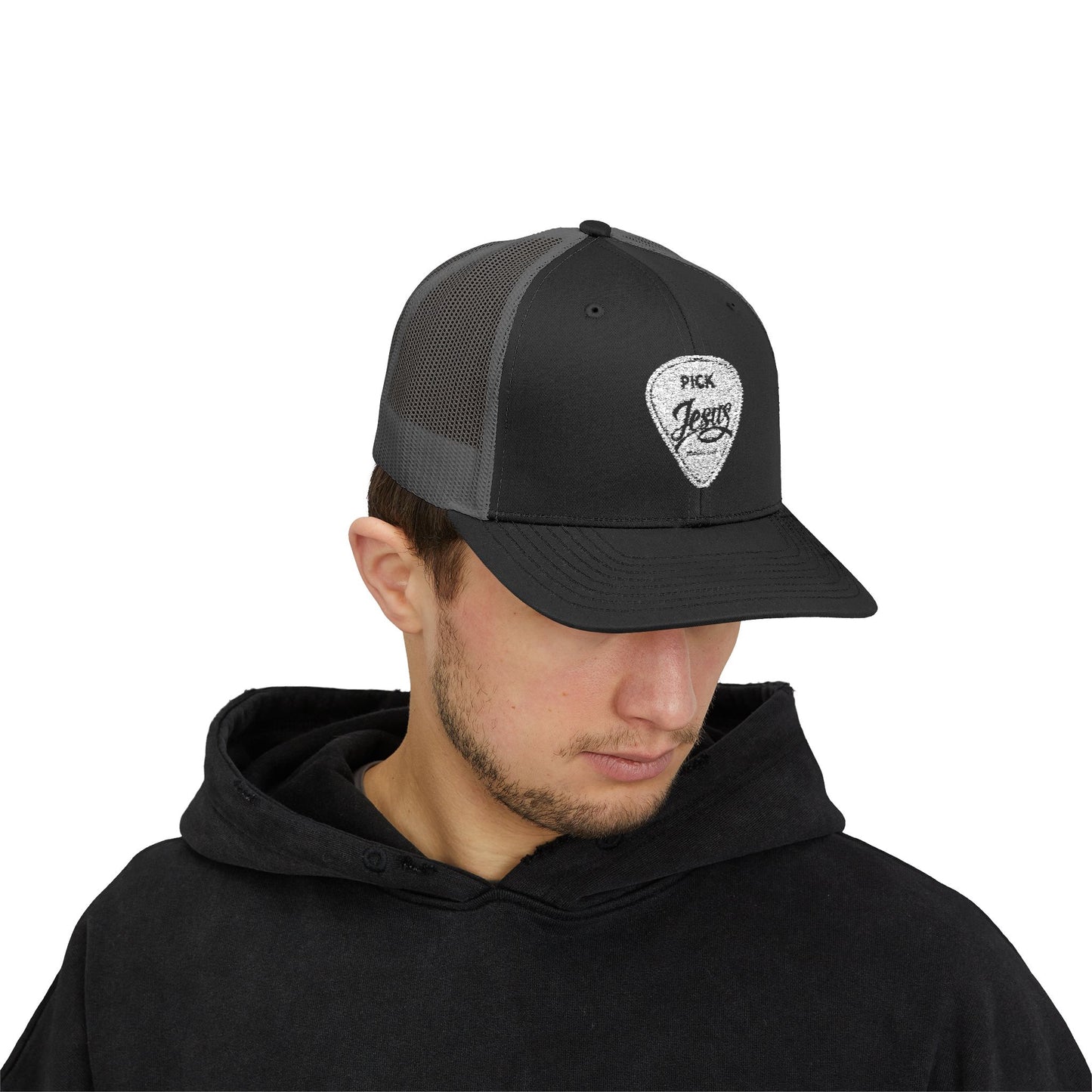 Pick Jesus Guitar Pick Snapback Trucker Cap Christian Guitar Pick Design (Romans 10:13)