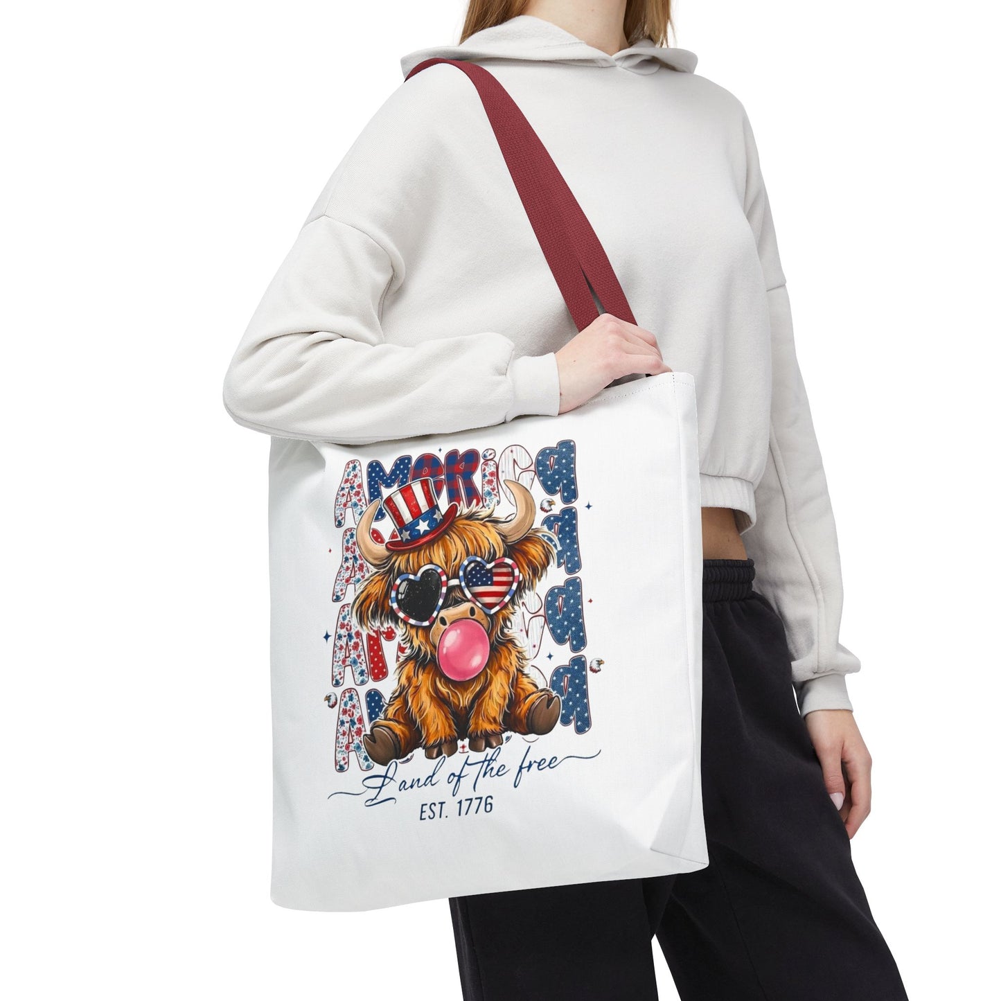 #250 American Flag Bubblegum Patriotic Highland Cow Tote Bag