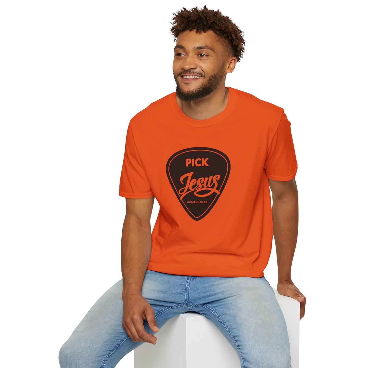 Pick Jesus T-Shirt — Christian Guitar Pick Design (Romans 10:13)