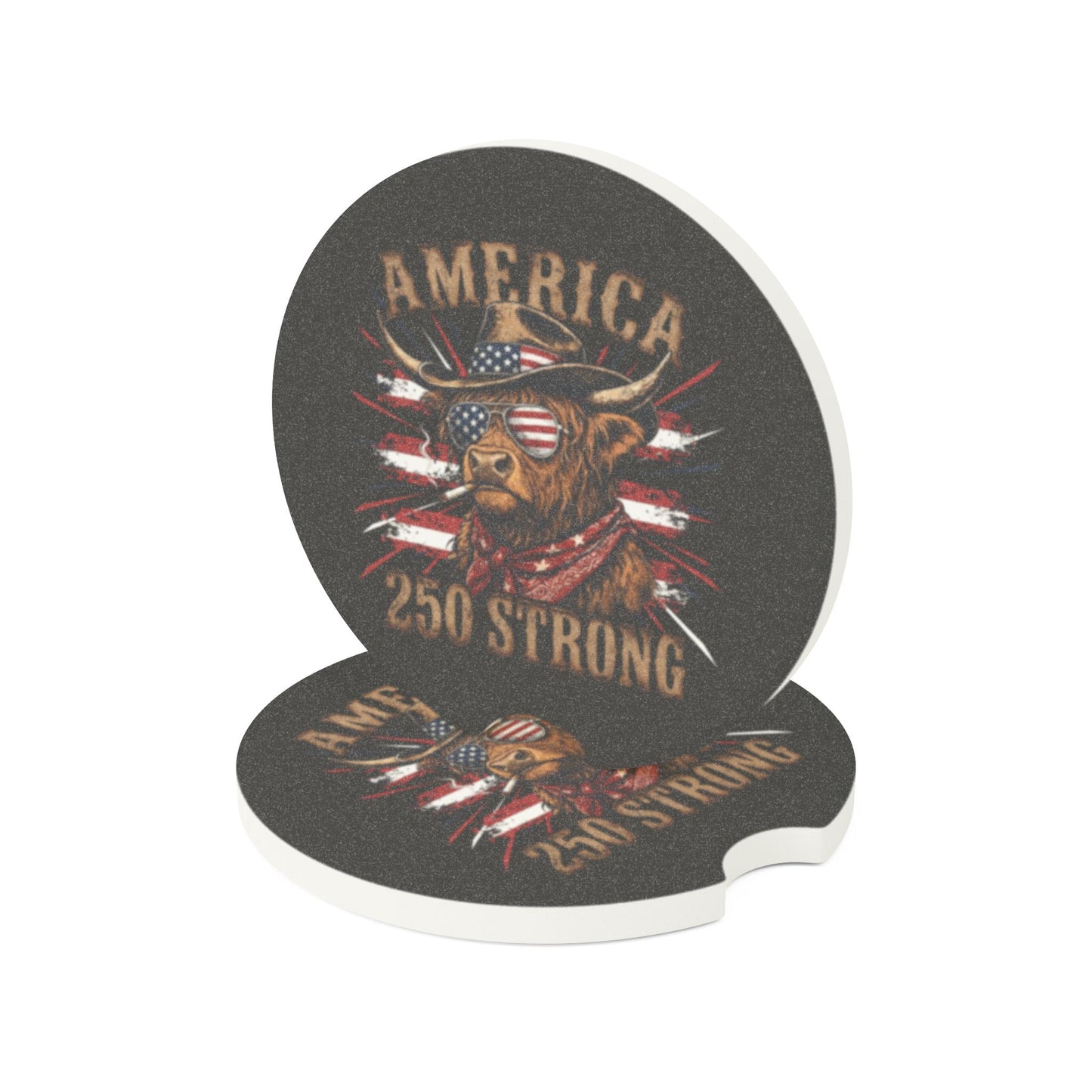 #250 America 250 Strong Patriotic Bull with American Flag Soapstone Car Coaster – Patriotic Independence Day Car Mug Holder