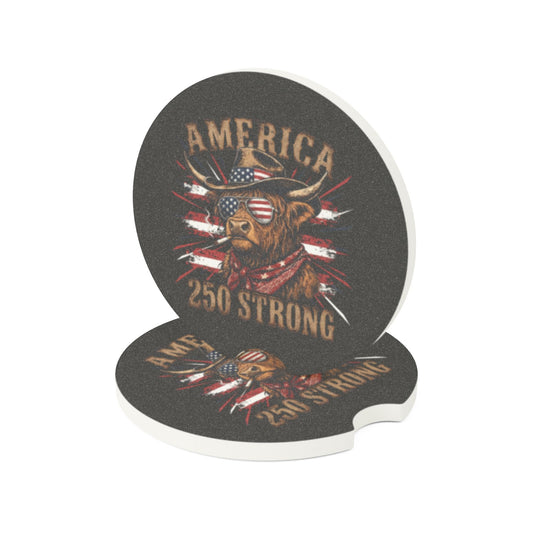 #250 America 250 Strong Patriotic Bull with American Flag Soapstone Car Coaster – Patriotic Independence Day Car Mug Holder
