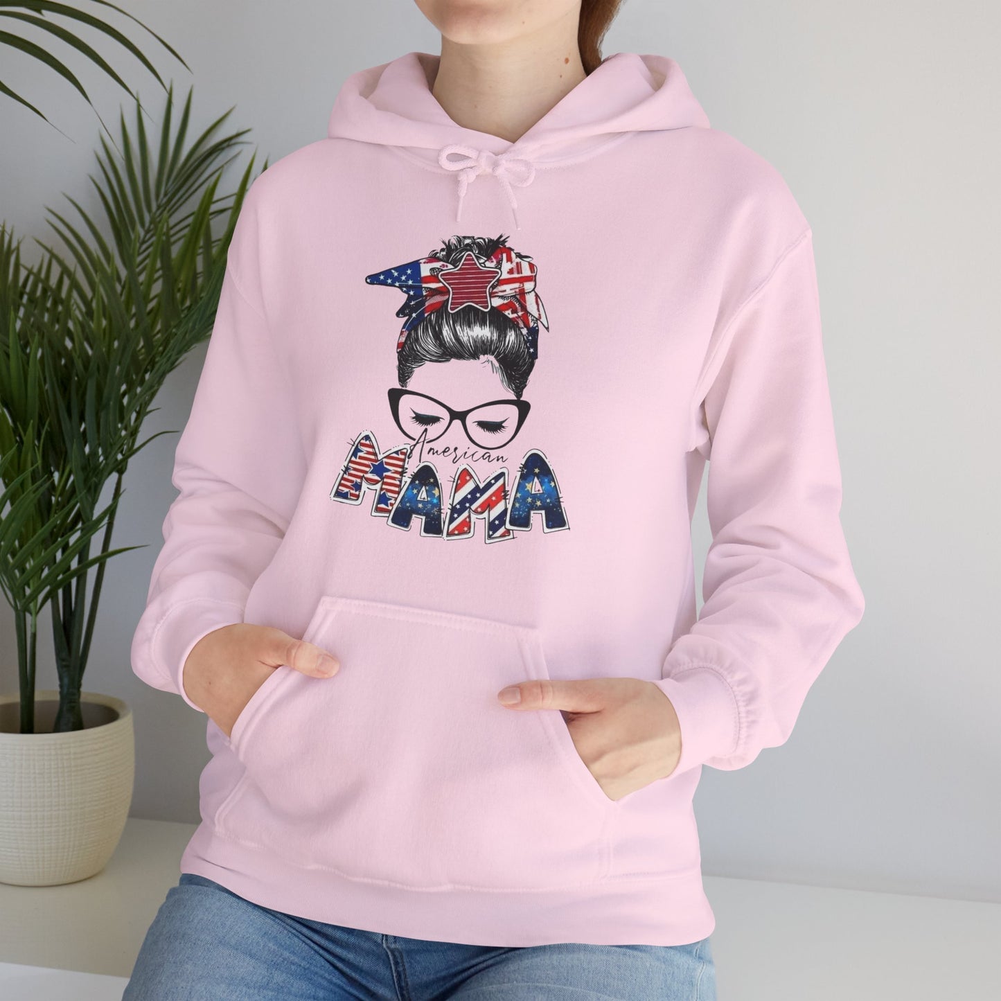 #250 Mama USA Flag Messy Bun Hoodie