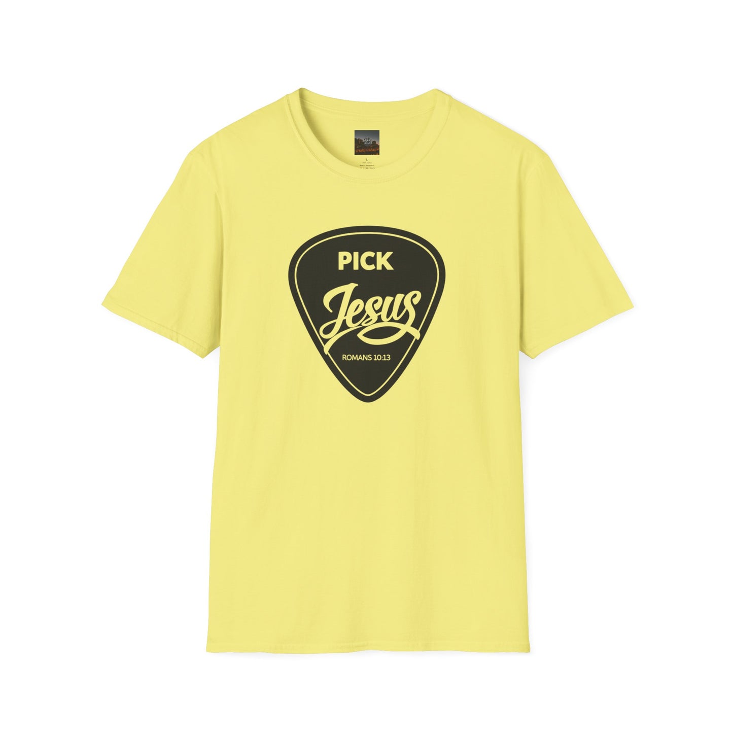 Pick Jesus T-Shirt — Christian Guitar Pick Design (Romans 10:13)