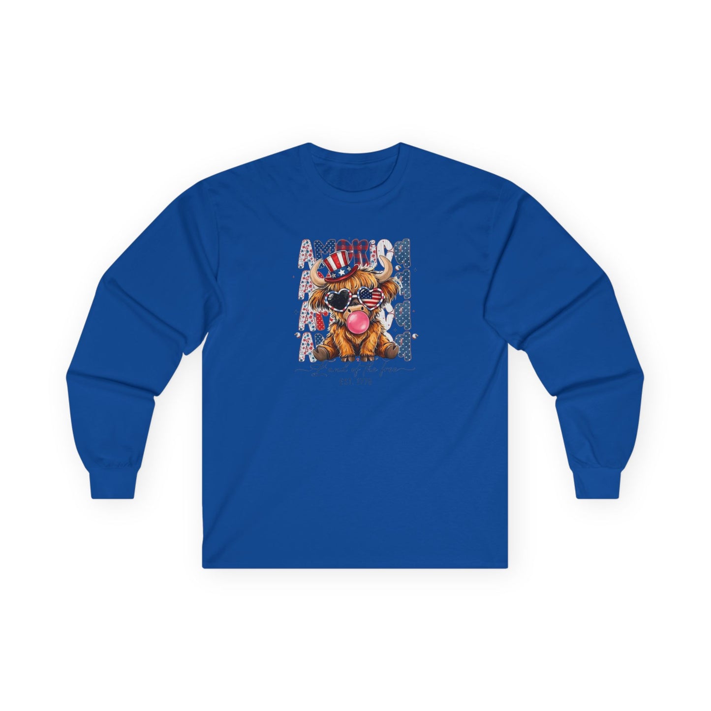 #250 American Flag Bubblegum Patriotic Highland Cow Long Sleeve Tee