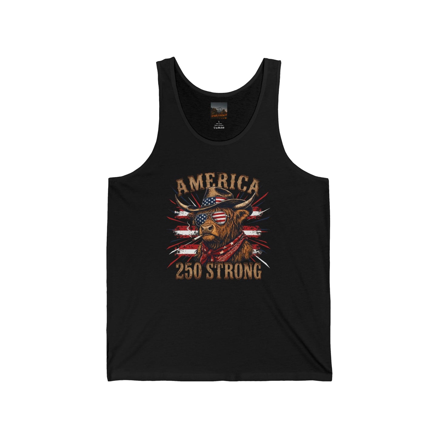 #250 America 250 Strong Patriotic Bull with American Flag Tank Top
