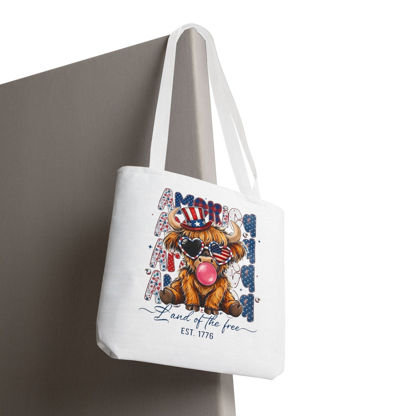 #250 American Flag Bubblegum Patriotic Highland Cow Tote Bag