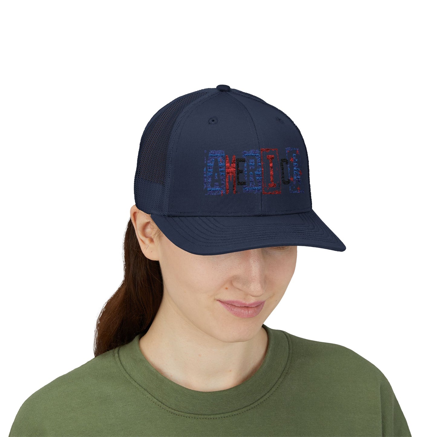 #250 America Retro Block Text Patriotic Snapback Trucker Cap