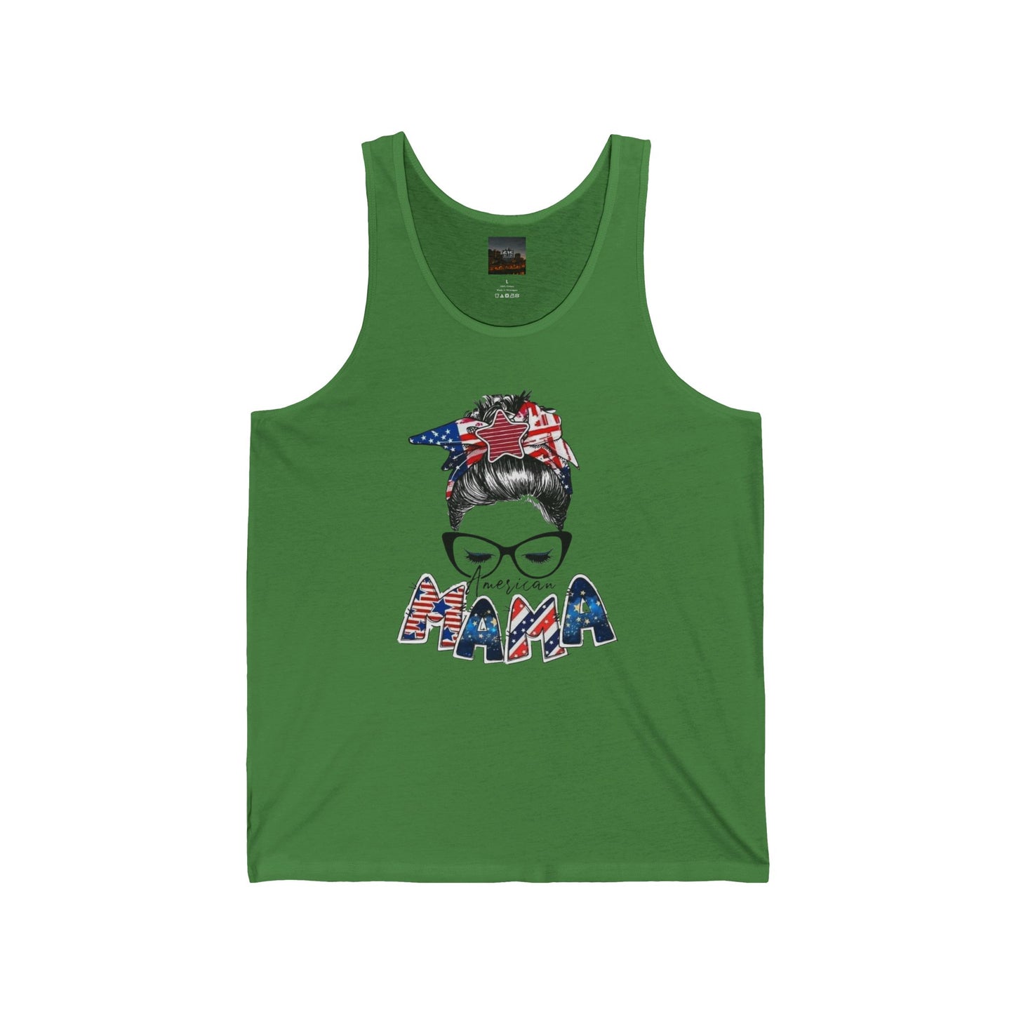 #250 Mama USA Flag Messy Bun Tank Top