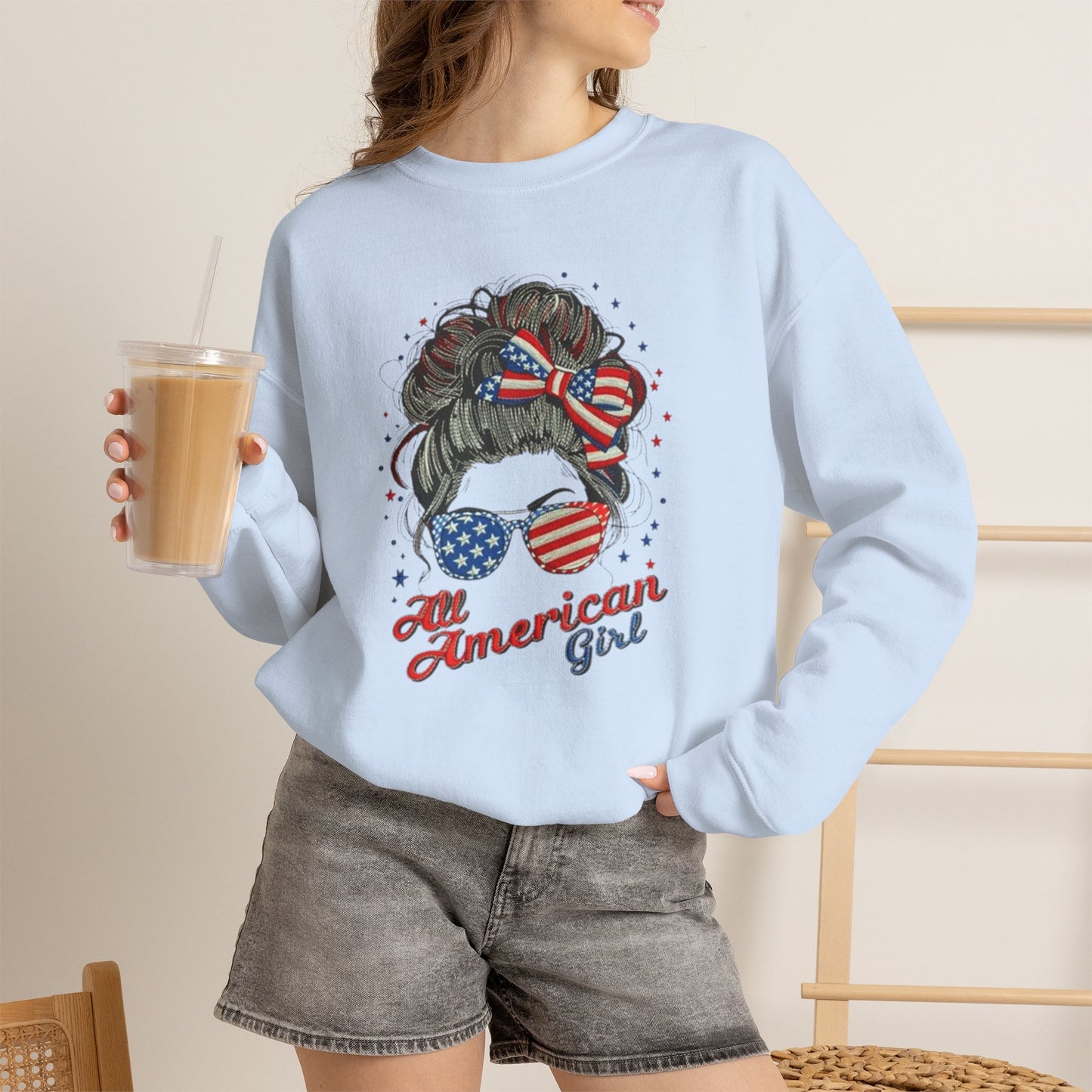 #250 "All American Girl" Patriotic Messy Bun Sweatshirt