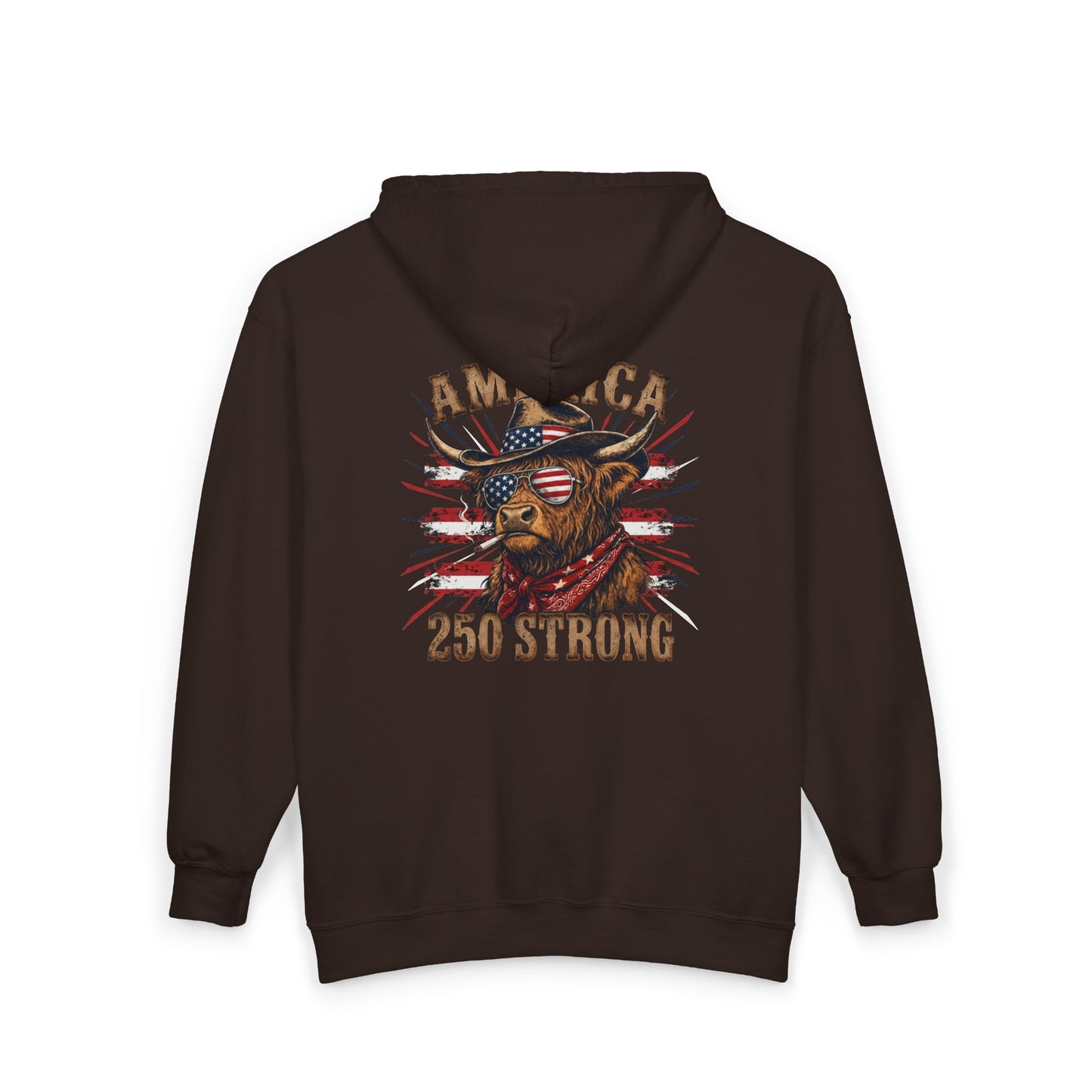 #250 America 250 Strong Patriotic Bull with American Flag Zip Hoodie
