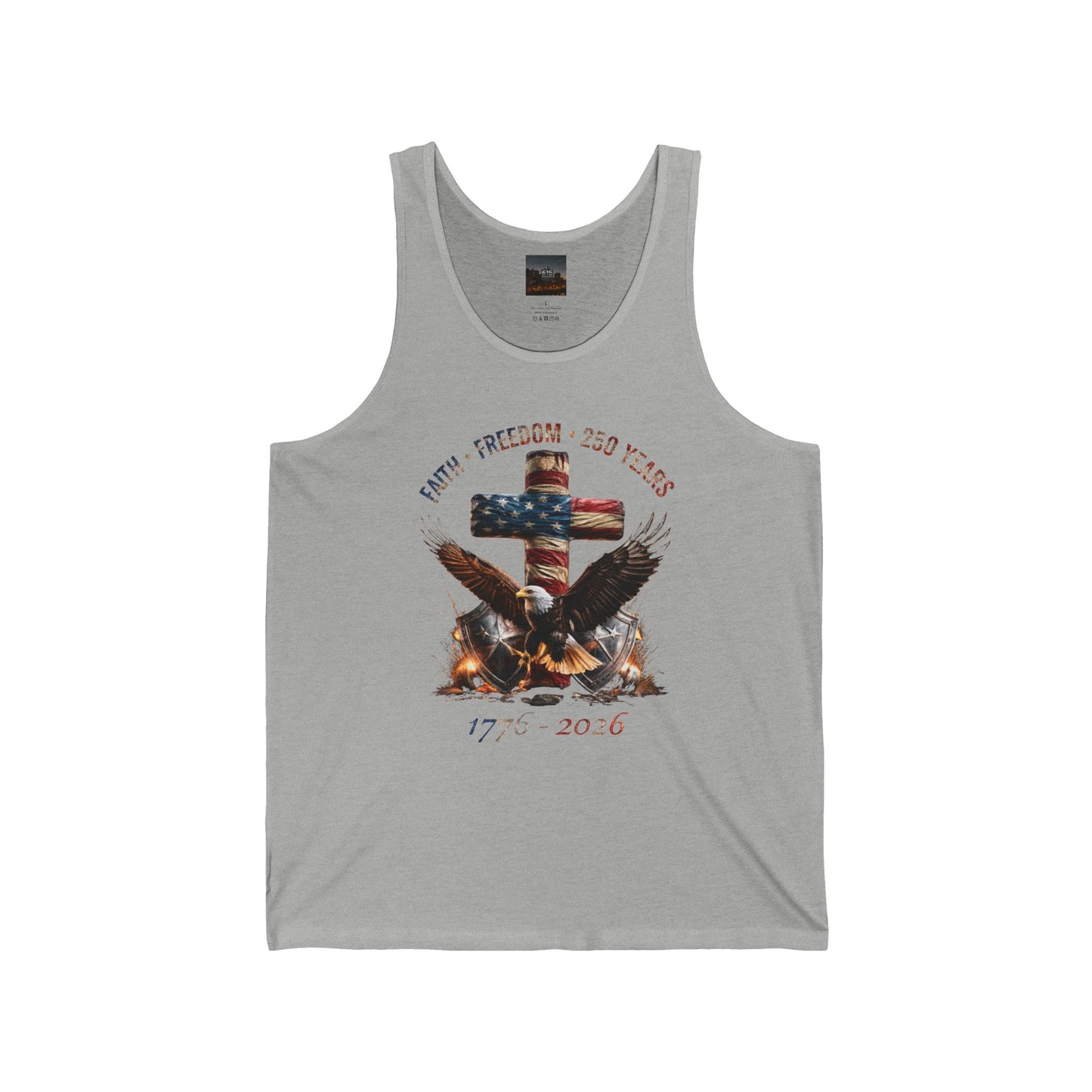#250 Faith • Freedom 250 Years American Flag Cross & Eagle 1776-2026 Jersey Tank Top