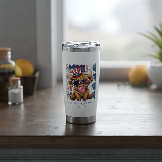 #250 American Flag Bubblegum Patriotic Highland Cow 20oz Stainless Travel Tumbler 'Vagabond'