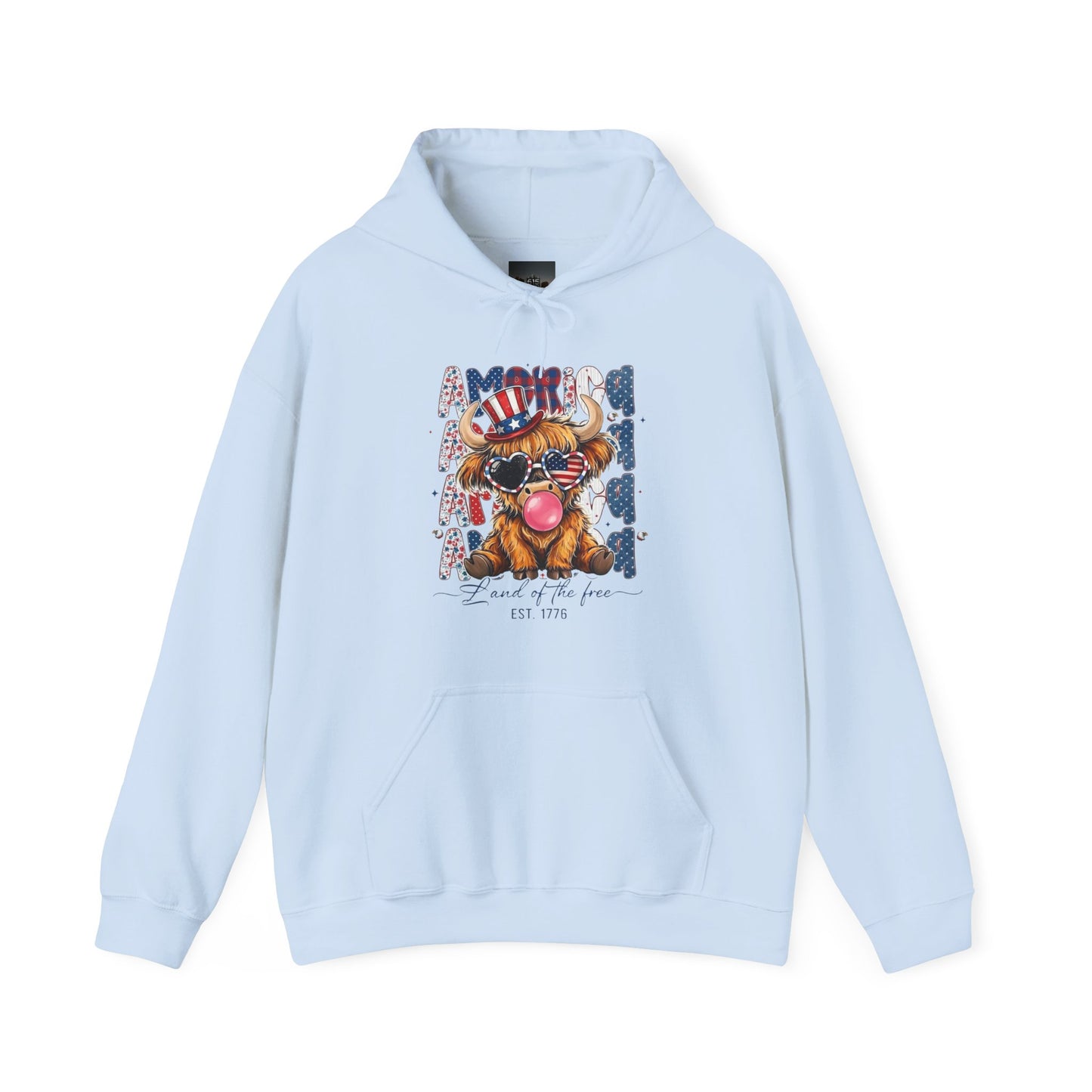 #250 American Flag Bubblegum Patriotic Highland Cow Hoodie