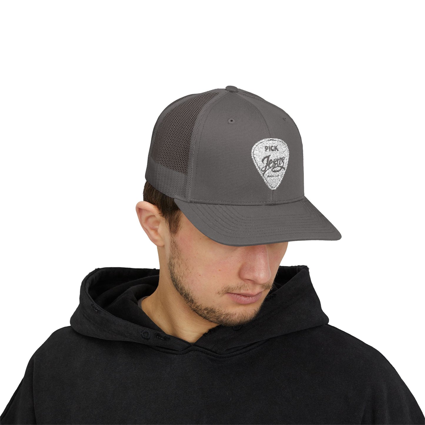 Pick Jesus Guitar Pick Snapback Trucker Cap Christian Guitar Pick Design (Romans 10:13)