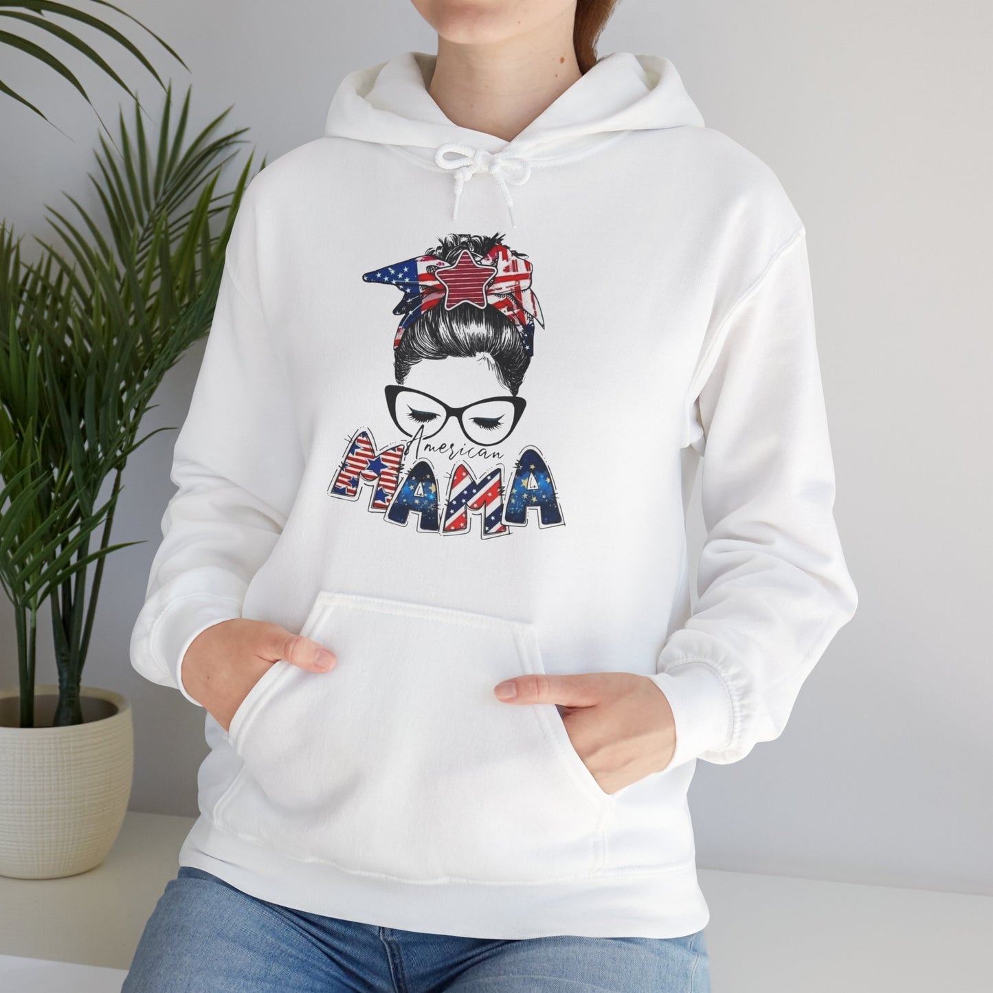 #250 Mama USA Flag Messy Bun Hoodie