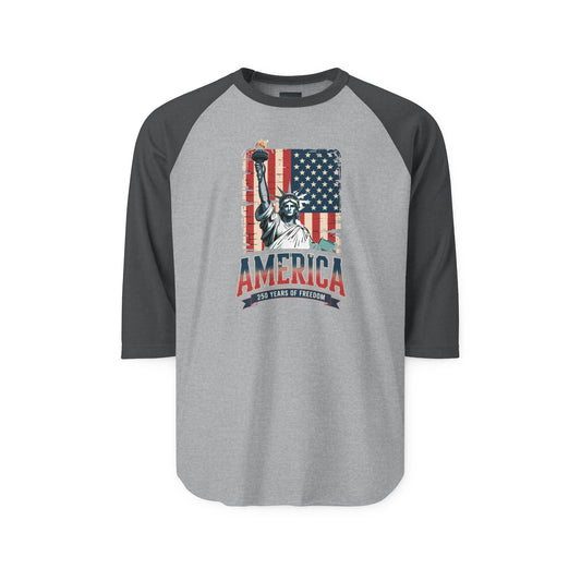 #250 Statue of Liberty American Flag 'America' Patriotic Independence Day Raglan Shirt Baseball Tee