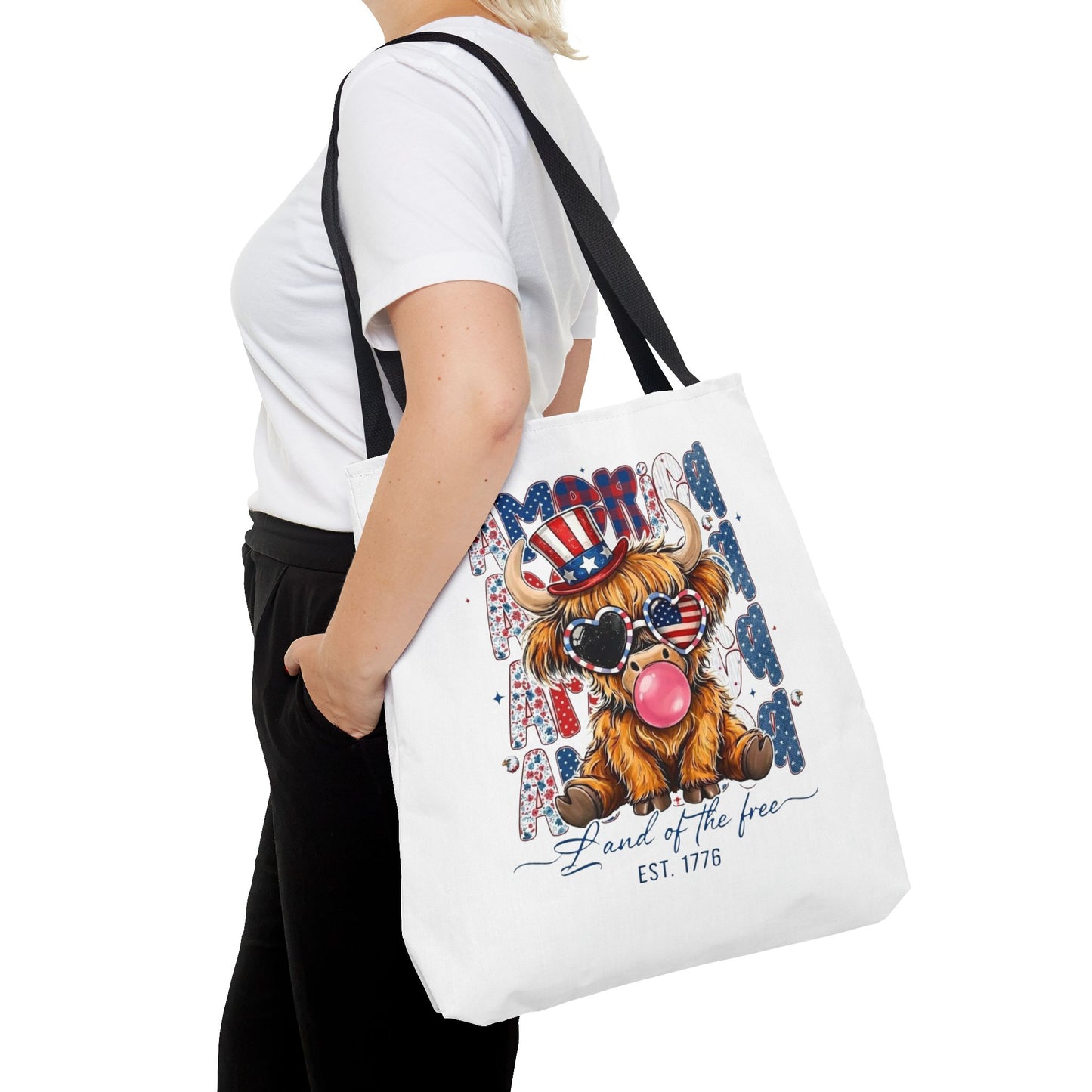 #250 American Flag Bubblegum Patriotic Highland Cow Tote Bag