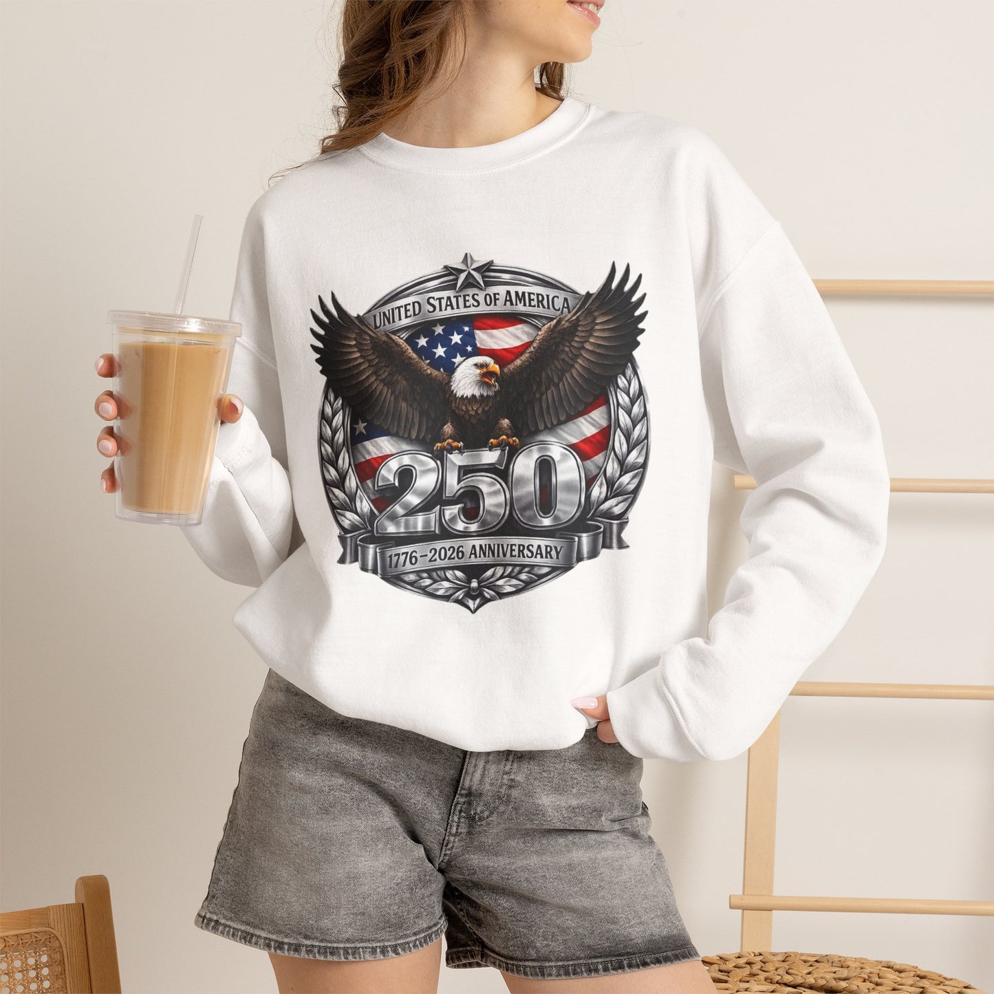 #250 Patriotic Bald Eagle 250 United States Emblem Crewneck Sweatshirt