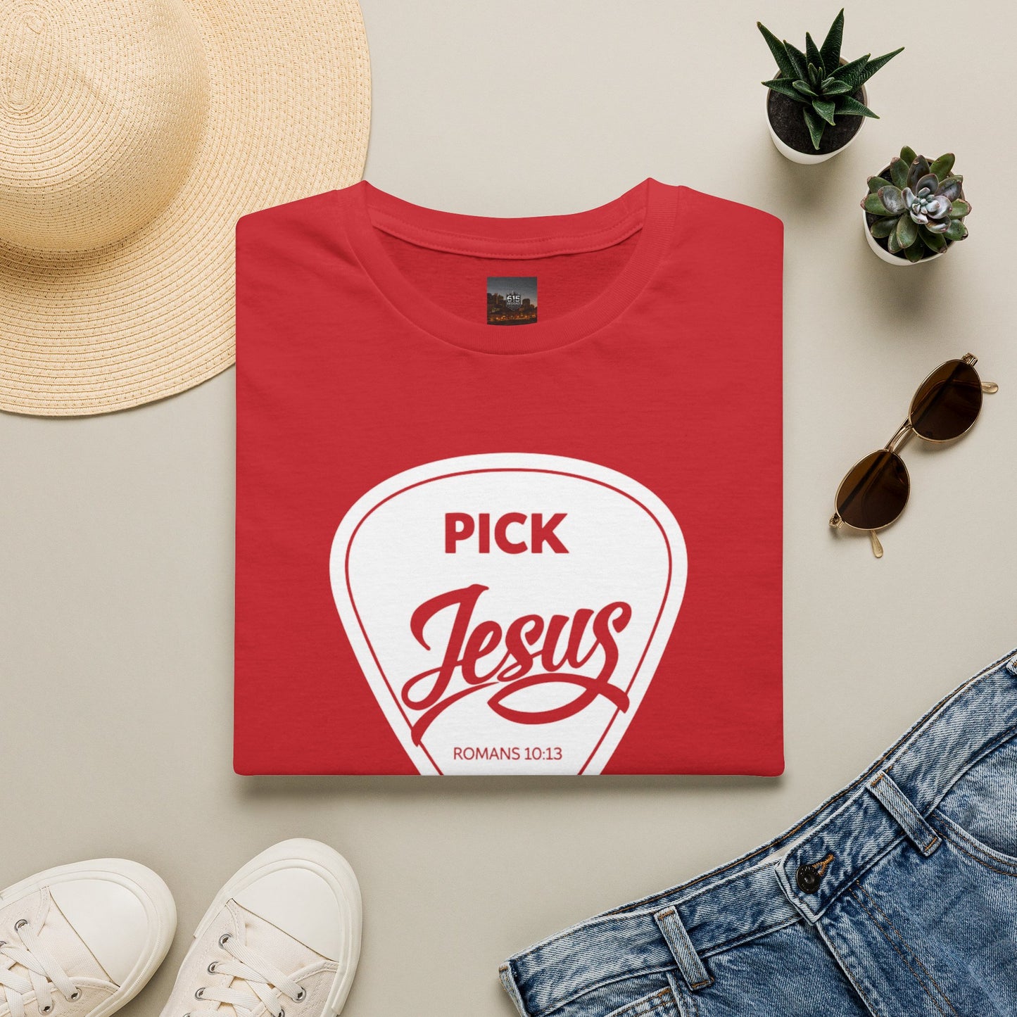Pick Jesus T-Shirt — Christian Guitar Pick Design (Romans 10:13)