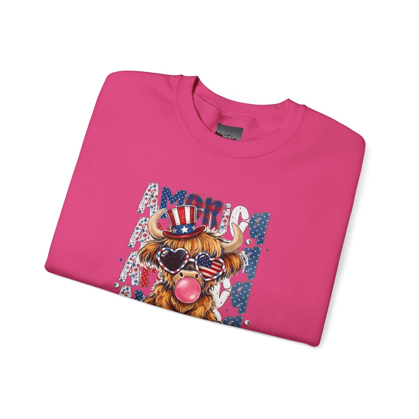 #250 American Flag Bubblegum Patriotic Highland Cow Sweatshirt