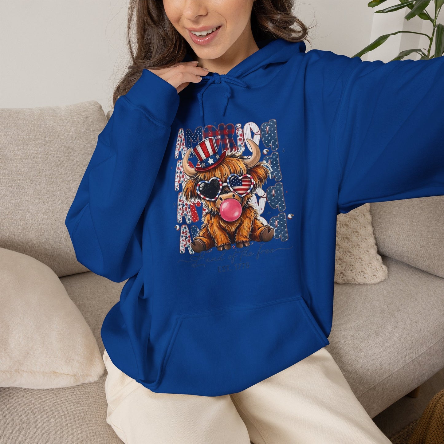 #250 American Flag Bubblegum Patriotic Highland Cow Hoodie