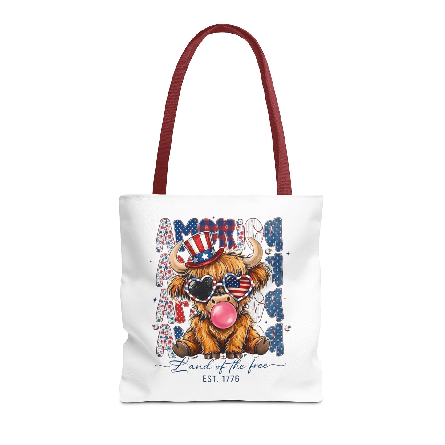 #250 American Flag Bubblegum Patriotic Highland Cow Tote Bag