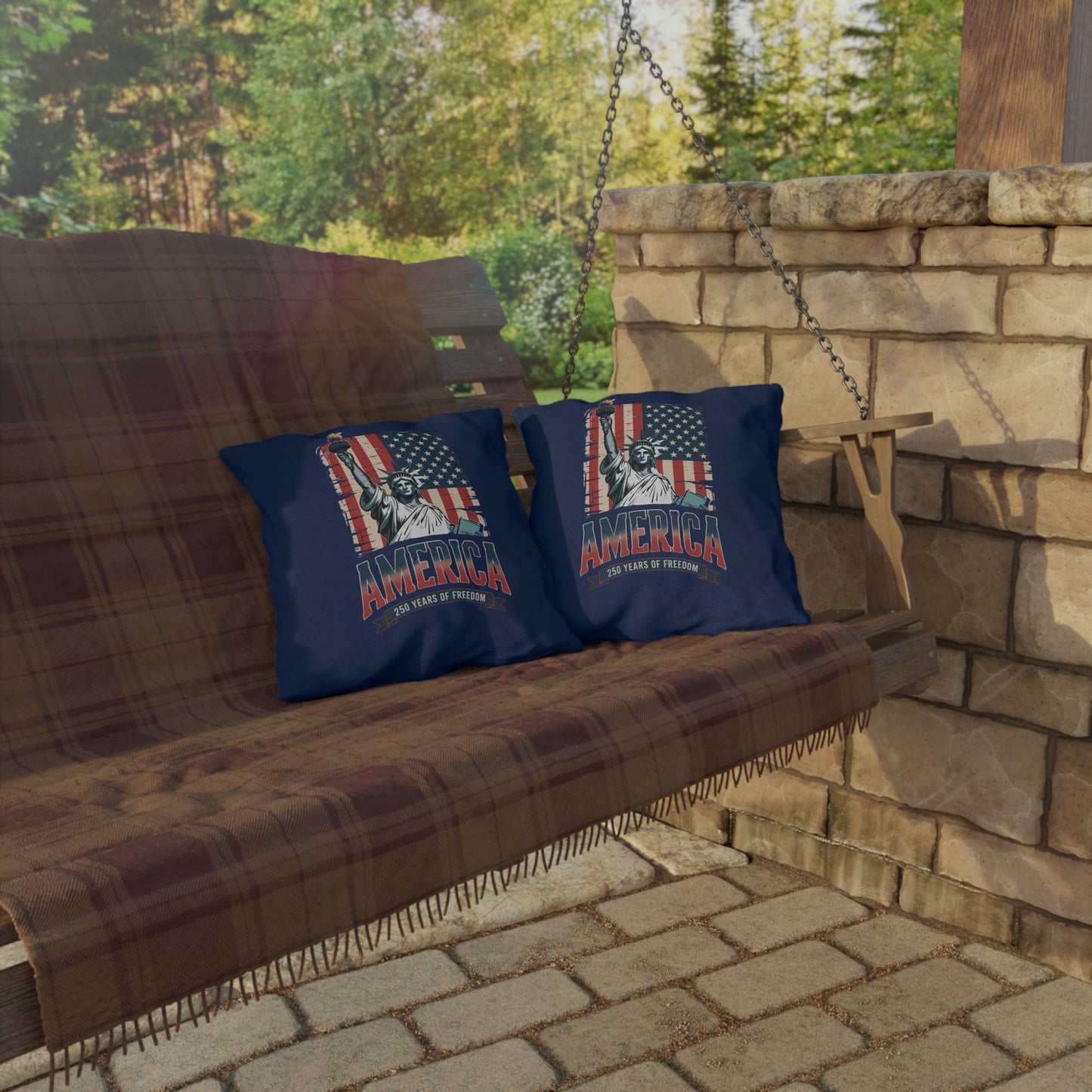 #250 Statue of Liberty American Flag 'America' Patriotic Independence Day Outdoor Throw Pillow