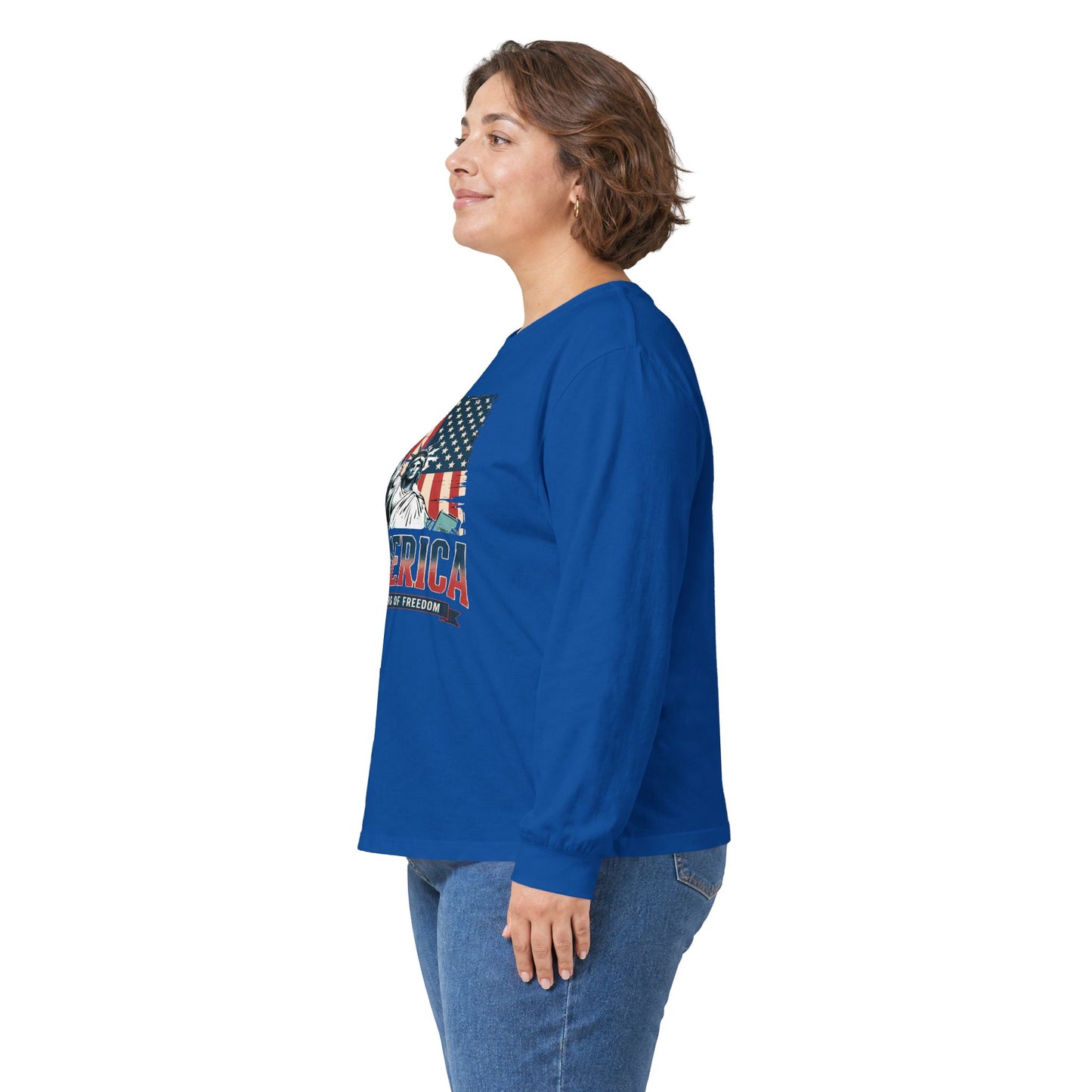 #250 Statue of Liberty American Flag 'America' Patriotic Independence Day Long Sleeve Tee