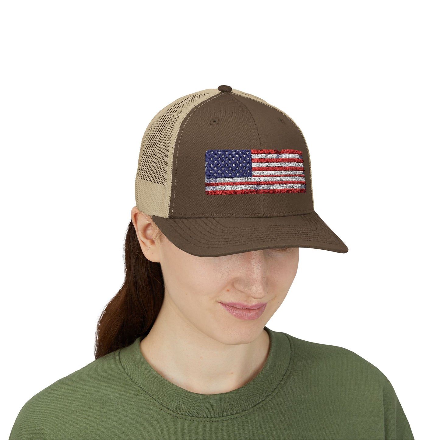 #250 Distressed American Flag Snapback Trucker Cap