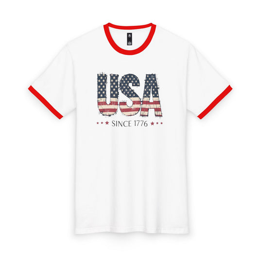 #250 USA Flag "USA Since 1776" Patriotic Ringer Tee