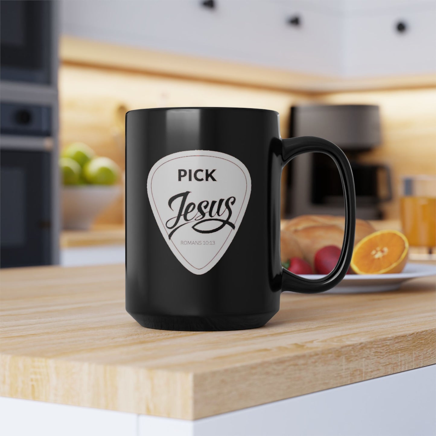 Pick Jesus Guitar Pick Ceramic Mug — Christian Guitar Pick Design (Romans 10:13) 15oz