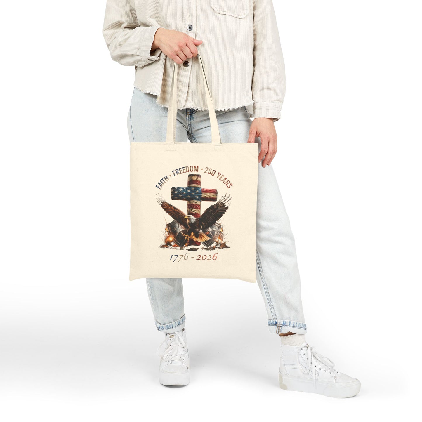 #250 Faith • Freedom 250 Years American Flag Cross & Eagle 1776-2026 Canvas Tote