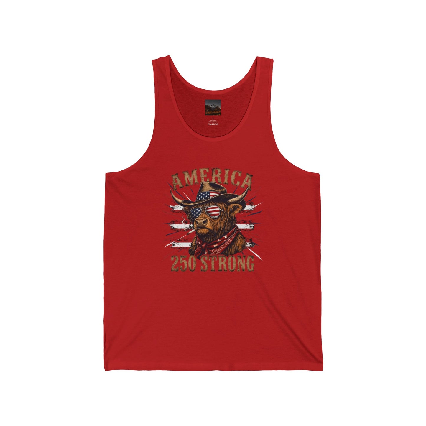 #250 America 250 Strong Patriotic Bull with American Flag Tank Top