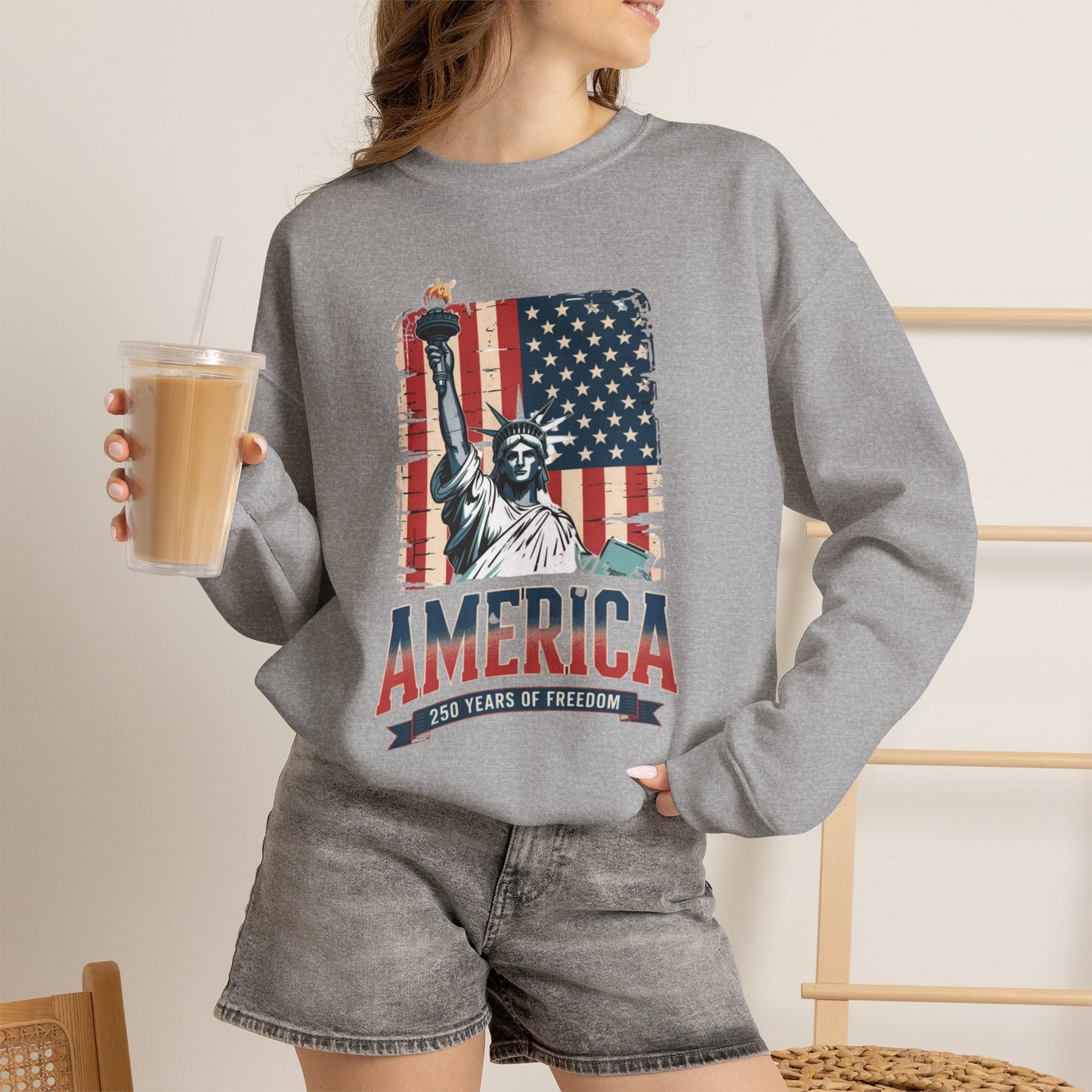 #250 Statue of Liberty American Flag 'America' Patriotic Independence Day Crewneck Sweatshirt