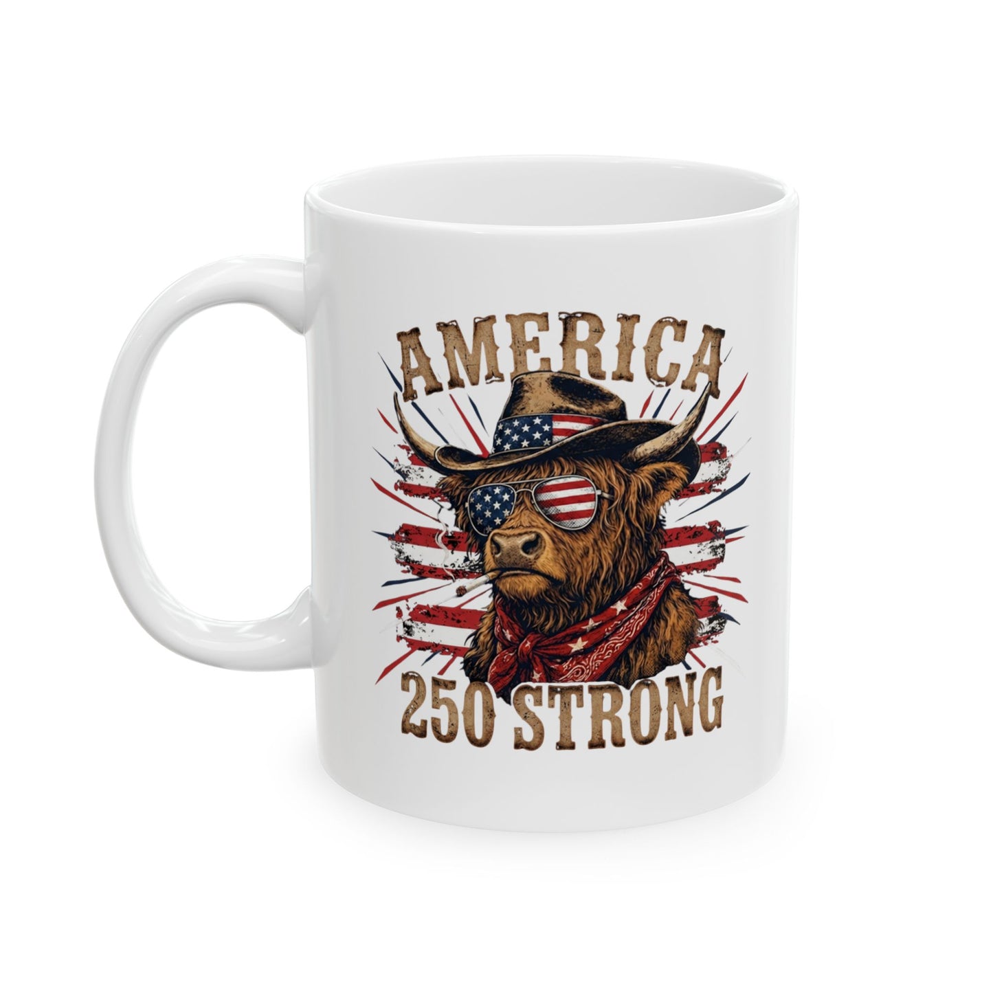 #250 America 250 Strong Patriotic Bull with American Flag Ceramic Mug - 11oz & 15oz