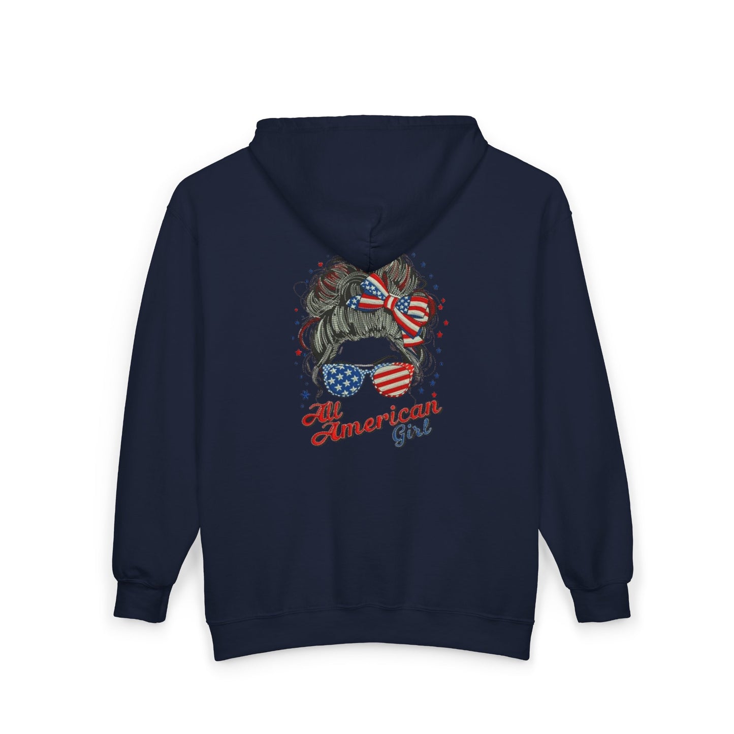 #250 "All American Girl" Patriotic Messy Bun Zip Hoodie