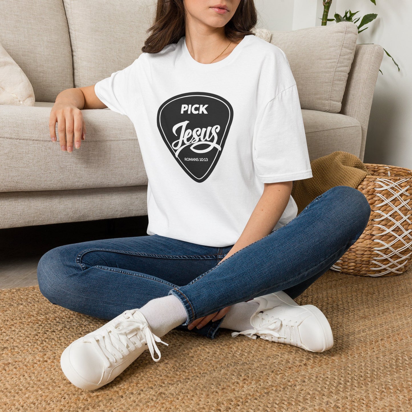 Pick Jesus T-Shirt — Christian Guitar Pick Design (Romans 10:13)
